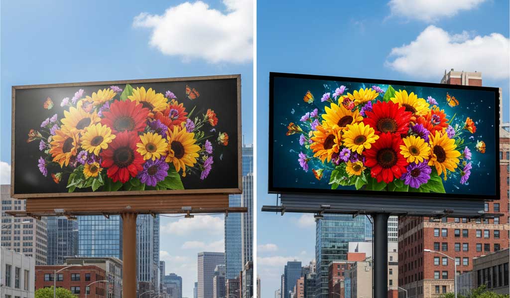 مقایسه دید تابلوهای تبلیغاتی در شب و روز 2 تفاوت بیلبورد سنتی و بیلبوردهای دیجیتال در نور روز و شب